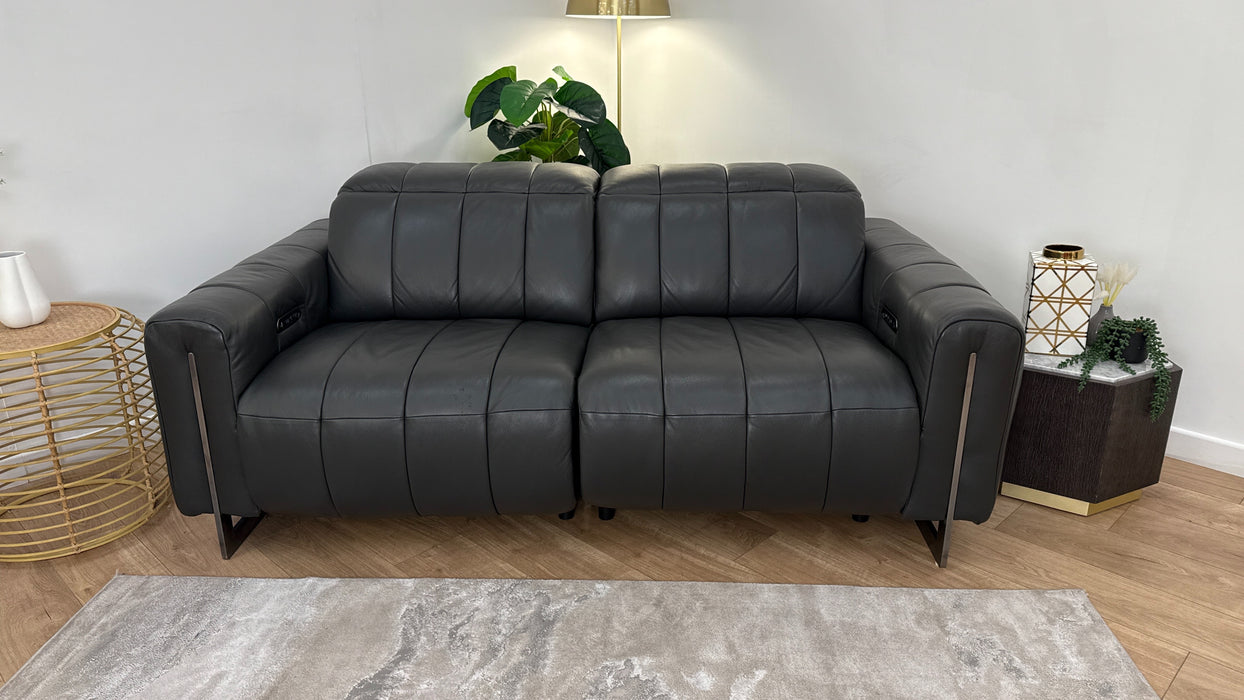 Sofology The Paramount Leather 2.5 Seater Console Power Recliner/Headrests Speakers in Trusty Embossed Charcoal