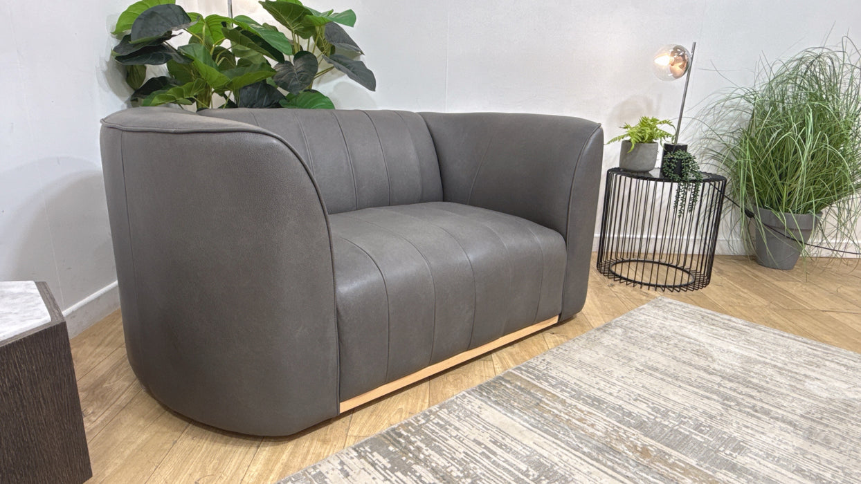 Sofology Fitzrovia Leather Loveseat in Relaxed Natural Grain Charcoal Mix With Light WoodTrim