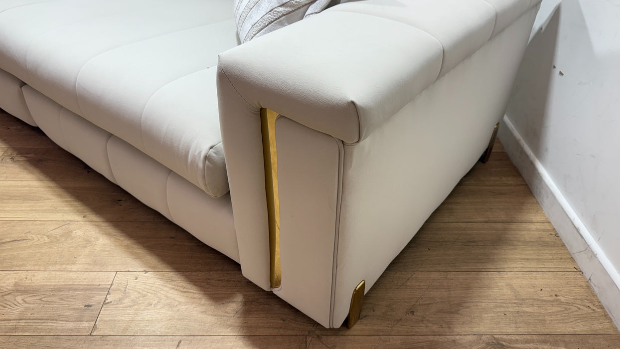 Sofology Oscar Fabric 4 Seater Split Gold Trim in Super Matt Velvet Ecru Mix