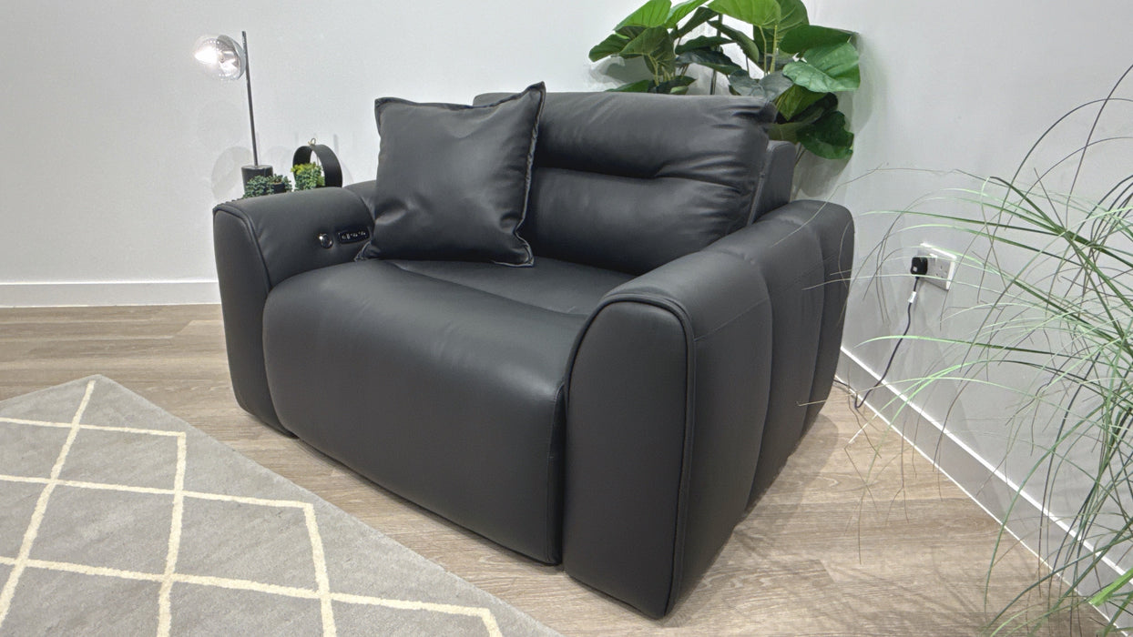 Sofology Daxton Leather Chair Motion Chaise + Speaker  in Trusty Matt Jet Black