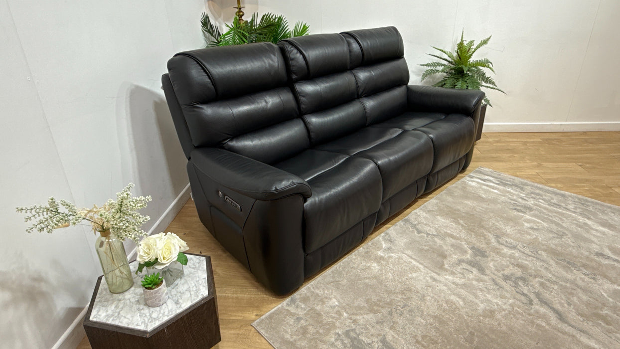 Sofology Cleveland Leather 3 Seater Power Recliner/Headrest Heated Seats Lumbar Support in Trusty Embossed Jet Black