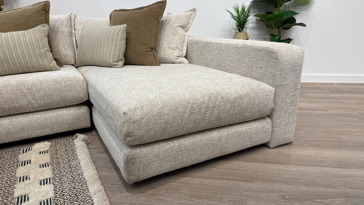 Sofology Cove Fabric Grande Chaise Light Wood Panel in Artisan Chenille Ecru Mix