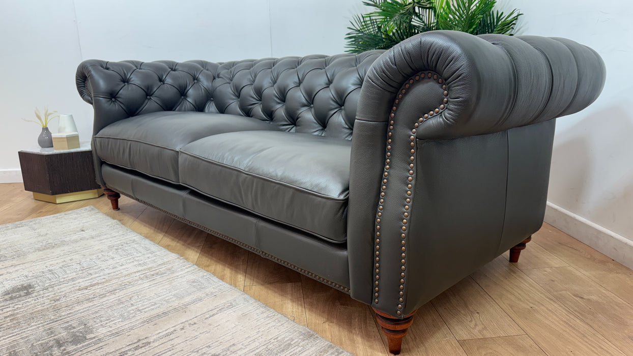 Sofology Darcy Leather 3 Seater with Studs in Trusty Supersoft Sheen Charcoal