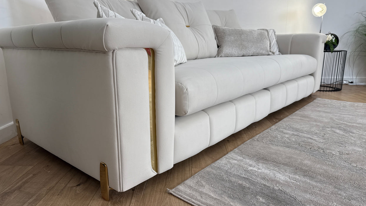 Sofology The Oscar Fabric 4 Seater Split Gold Trim in Super Matt Velvet Ecru Mix