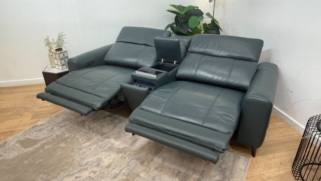 Sofology Allure Leather 2.5 Seater Screen Console Power Recliner/Headrest Heated Seats Lumbar Support Speakers in Trusty Embossed Peacock