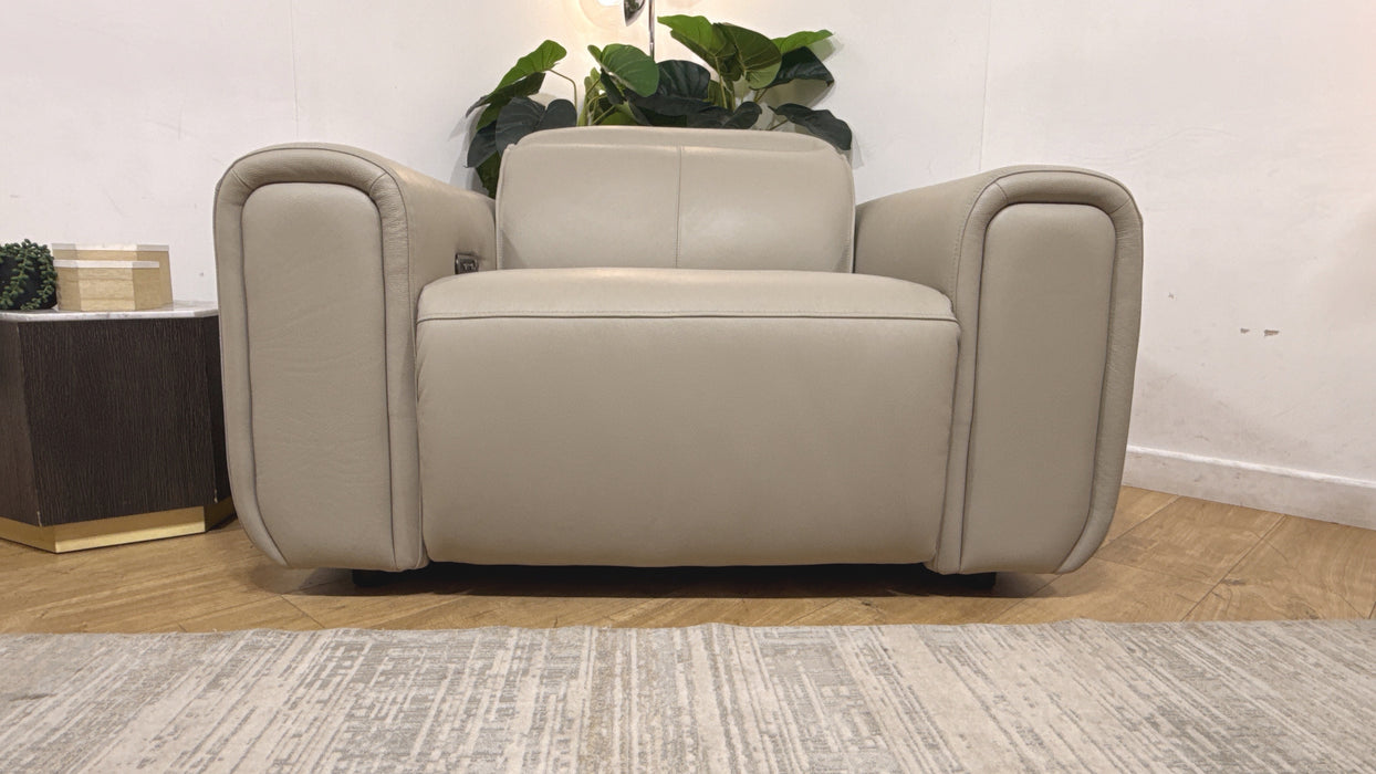 Sofology Premiere Leather Loveseat Power Recliner/Headrest Heated Seat in Trusty Embossed Light Grey