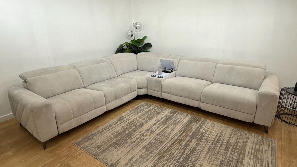 Sofology Allure Fabric 1.5 Smart Console Corner 3 Power Recliner/Headrest Heated Seats Lumbar Support in Relaxed Chenille Stone