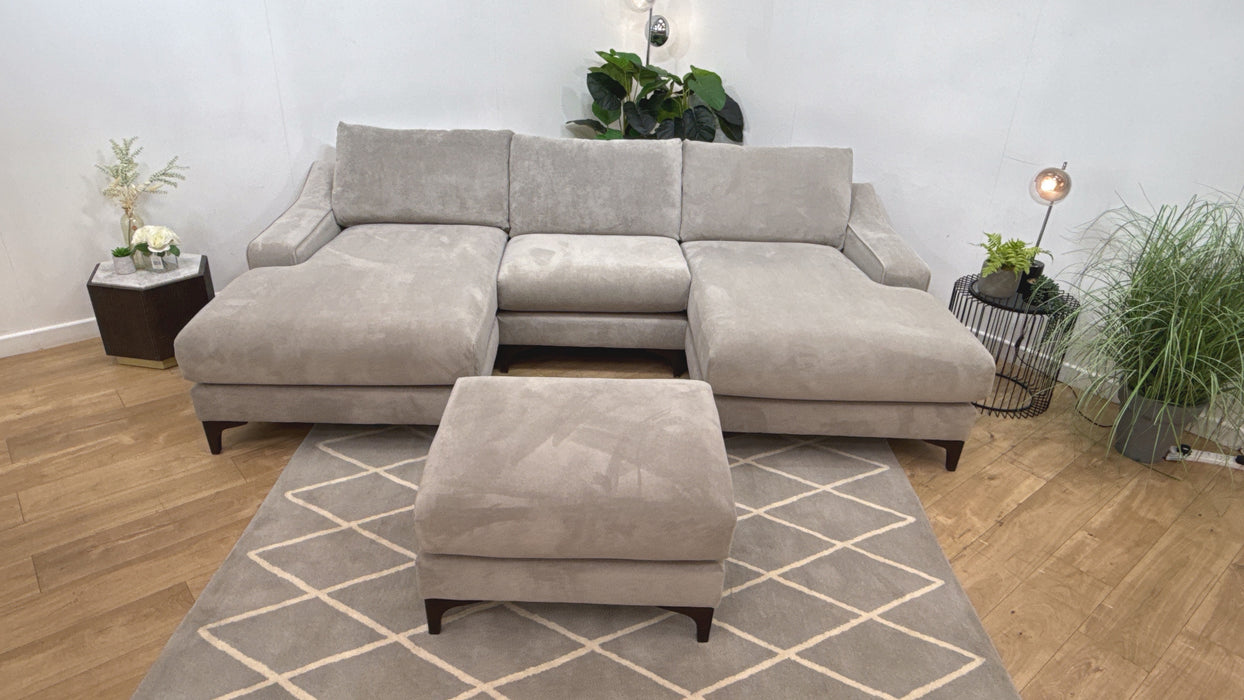 Sofology Wildwood Fabric 4 Seater Double Chaise with Footstool in Soft Sherpa Silver Contrast Piping Mix