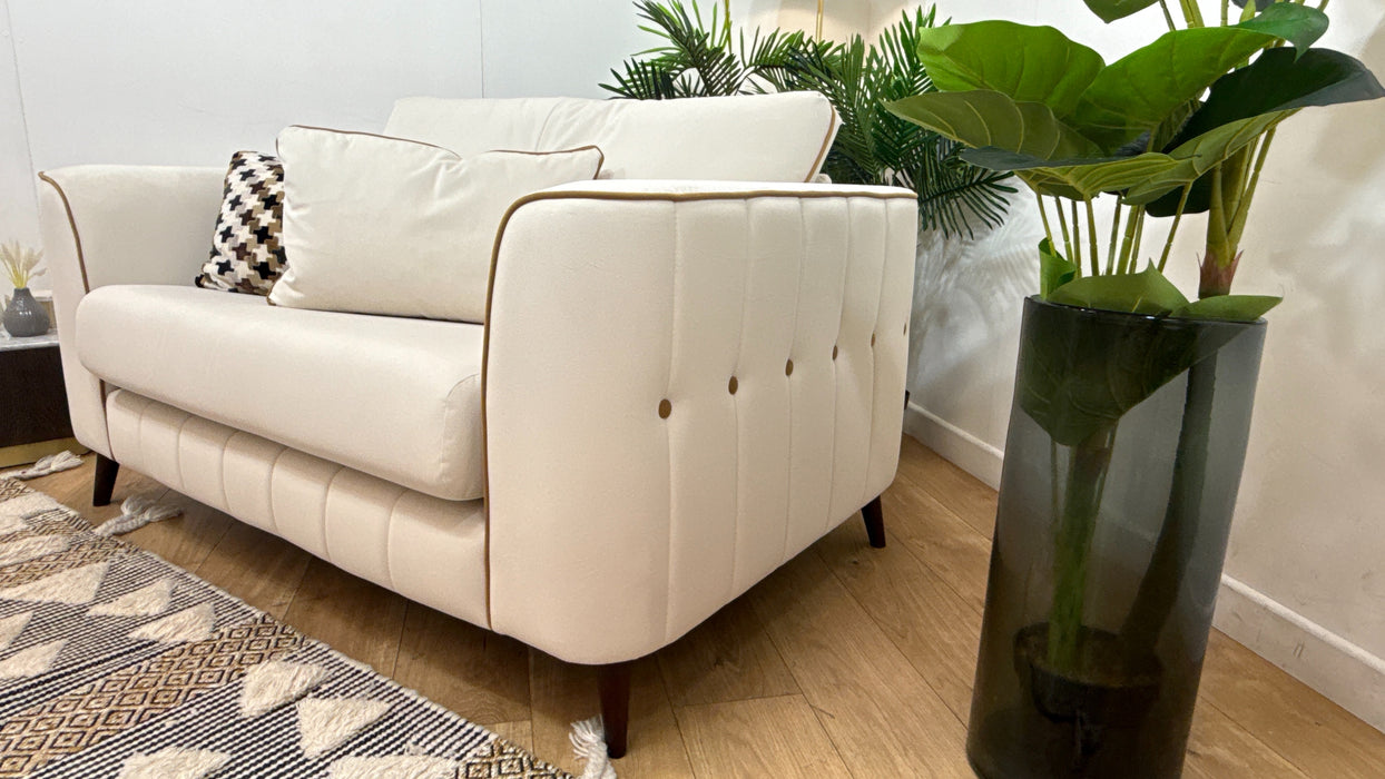 Sofology Remy Fabric Loveseat in Super Matt Velvet Ecru Mix With Caramel Contrast Piping