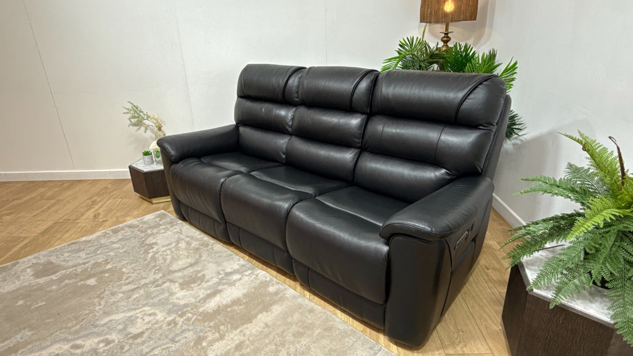 Sofology Cleveland Leather 3 Seater Power Recliner/Headrest Heated Seats Lumbar Support in Trusty Embossed Jet Black
