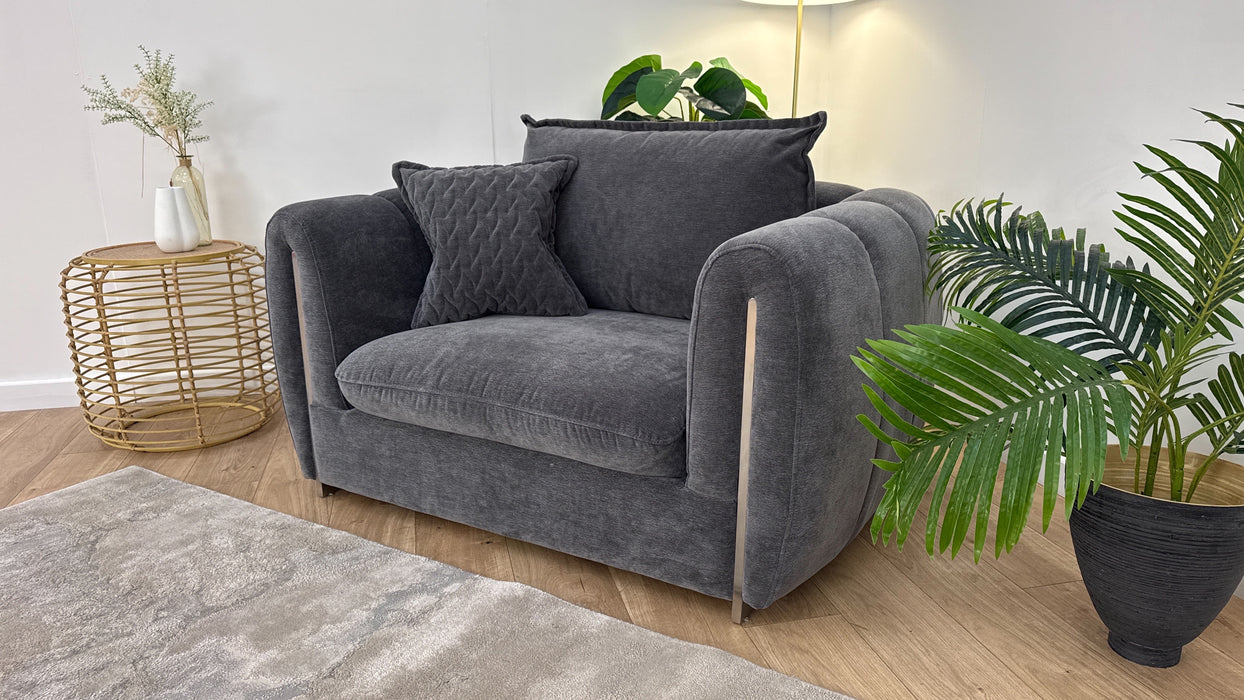 Sofology The Empress Fabric Loveseat Full Back Gun Metal Trim in Textured Chenille Charcoal