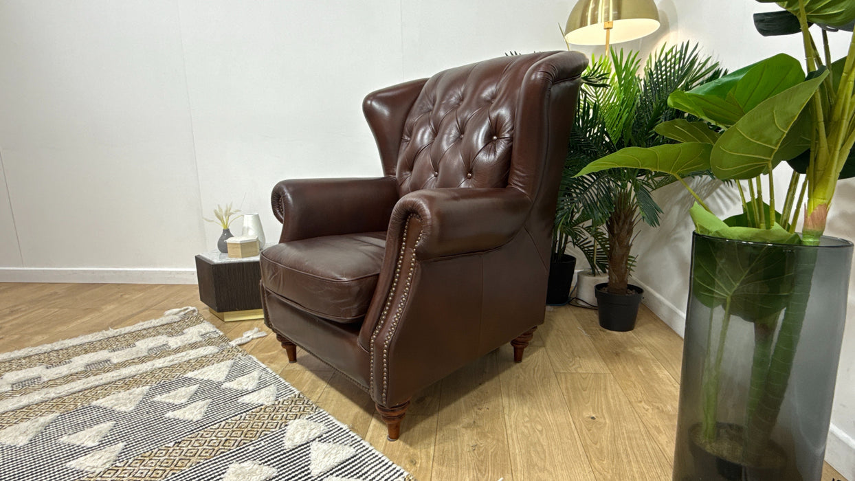 Sofology Darcy Leather Accent Wing Chair with Studs in Trusty Supersoft Sheen Chestnut