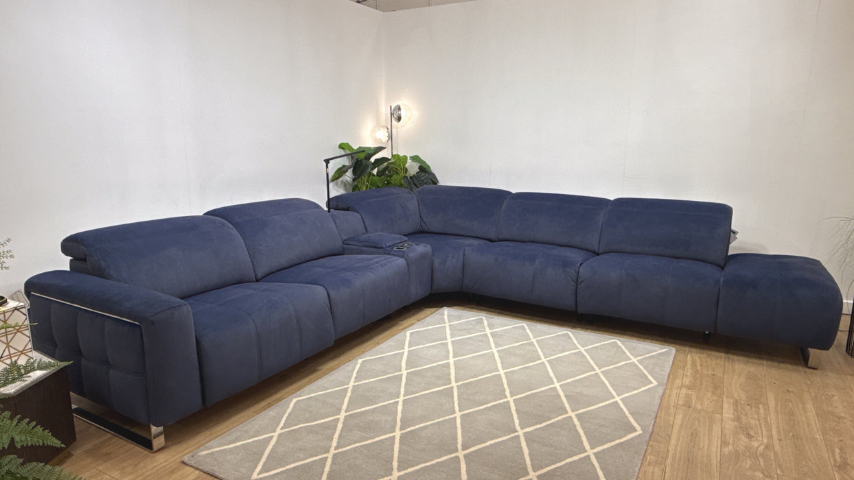 Sofology Marvella Fabric 3 Corner 3 Console Chaise Power Recliner/Headrest Heated Seats in Lifestyle Flecked Navy