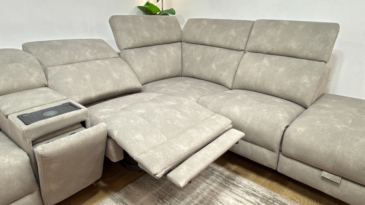 Sofology Jax Fabric 3 Corner 1.5 Chaise Power Recliner/Headrest Console in Lifestyle Flecked Stone