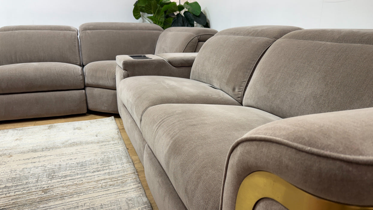 Sofology Plaza Fabric 1.5 Smart Console Corner 3 Power Recliner/Headrest Heated Seats in Relaxed Chenille Nutmeg