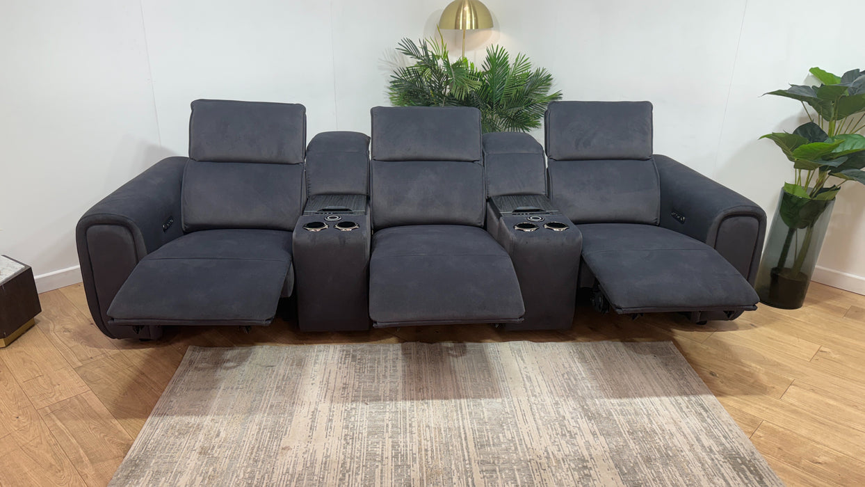 Sofology Premiere Fabric 3 Seater Compact Cinema Sofa Smart Consoles Power Recliner/Headrest x 3 in Lifestyle Flecked Anthracite