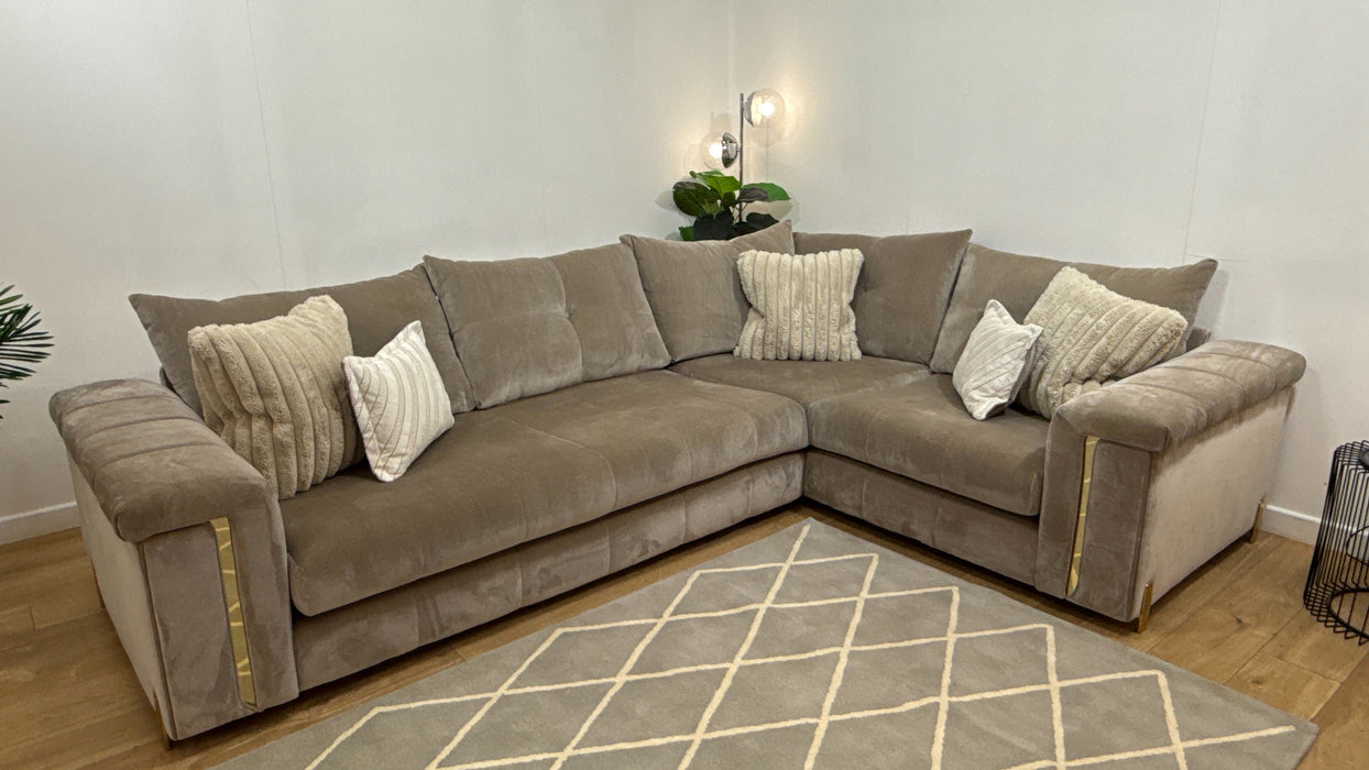 Sofology Oscar Fabric 3 Corner 1 Gold Trim in Fine Textured Chenille Stone Mix