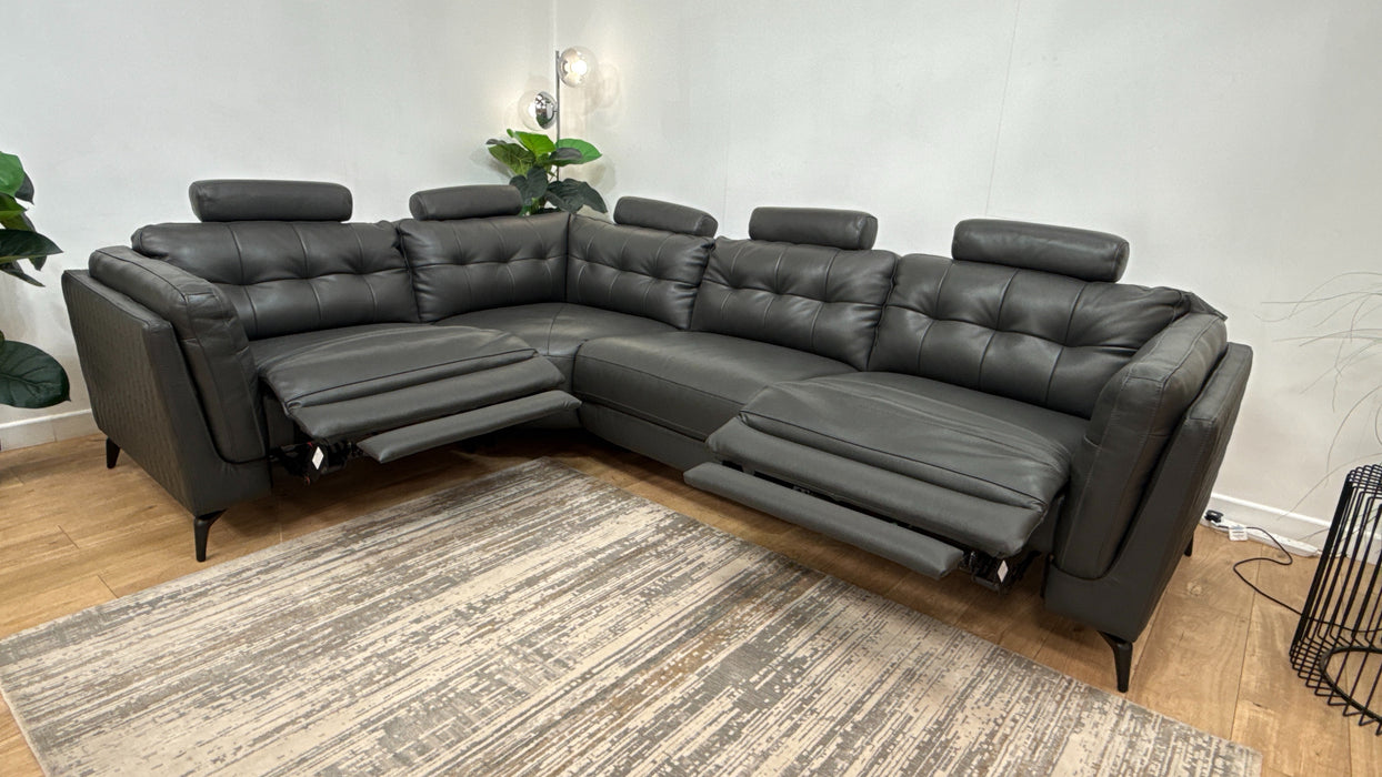 Sofology Muse Leather 1.5 Corner 3 Power Recliner Supportive Headrests in Trusty Embossed Charcoal