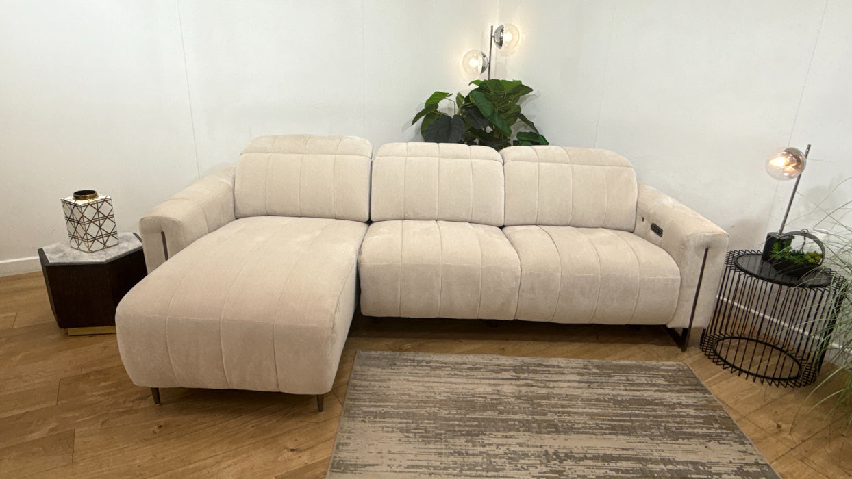 Sofology Paramount Fabric Chaise 4 Seater Power Recliner/Headrest Heated Seats in Relaxed Chenille Cotton