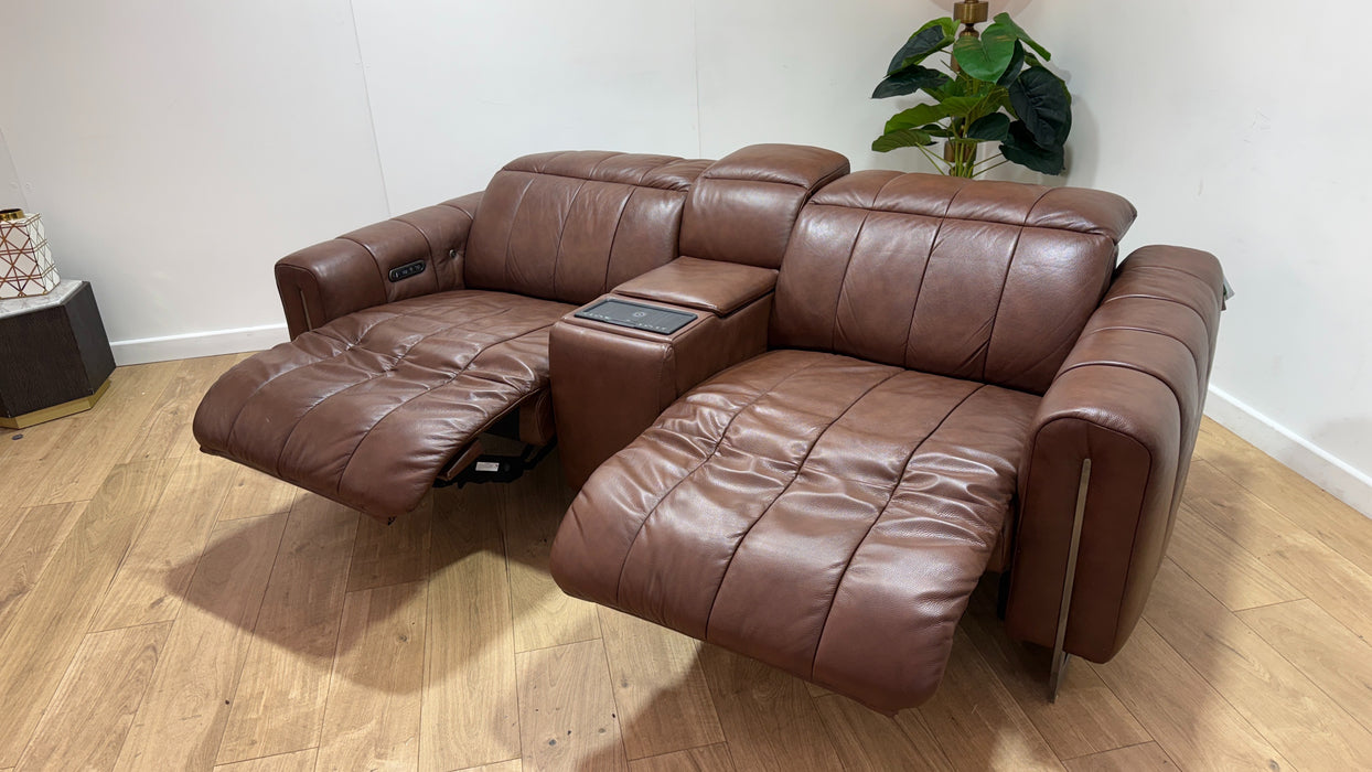 Sofology Paramount Leather 2.5 Seater Console Power Recliner/Headrest Heated Seats Speakers in Trusty Embossed Chestnut