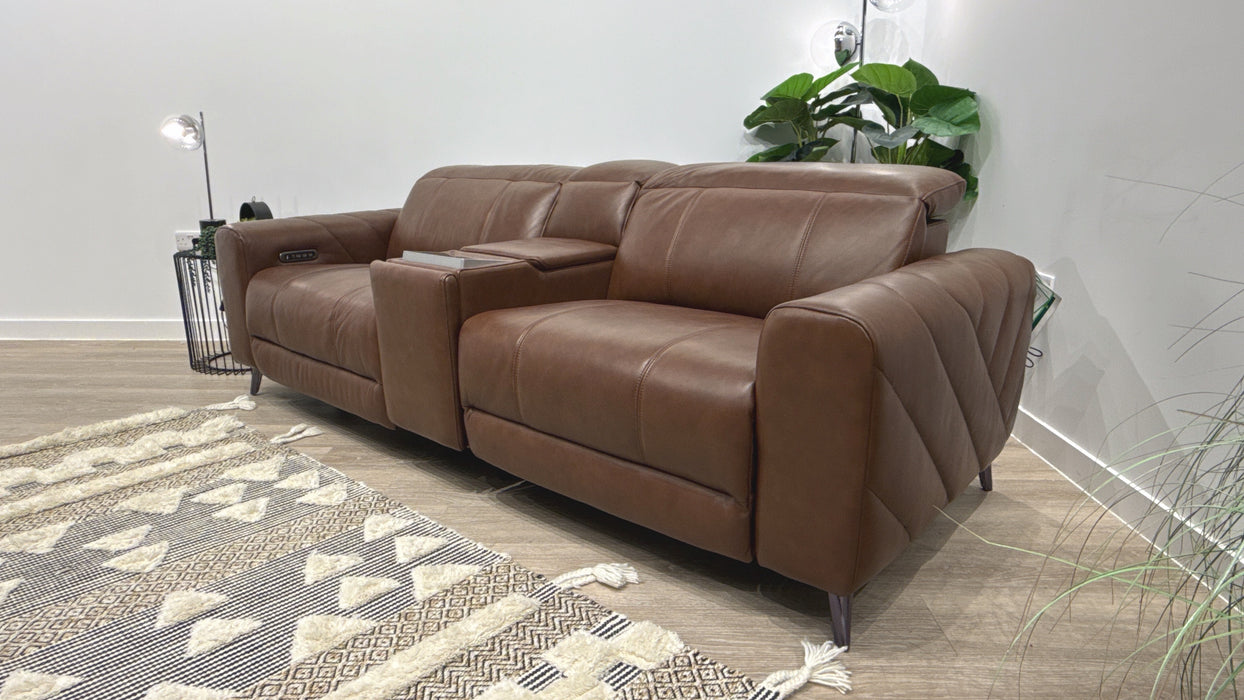 Sofology Allure Leather 2.5 Seater Screen Console Power Recliner/Headrest Heated Seats Lumbar Support Speakers in Trusty Embossed Chestnut