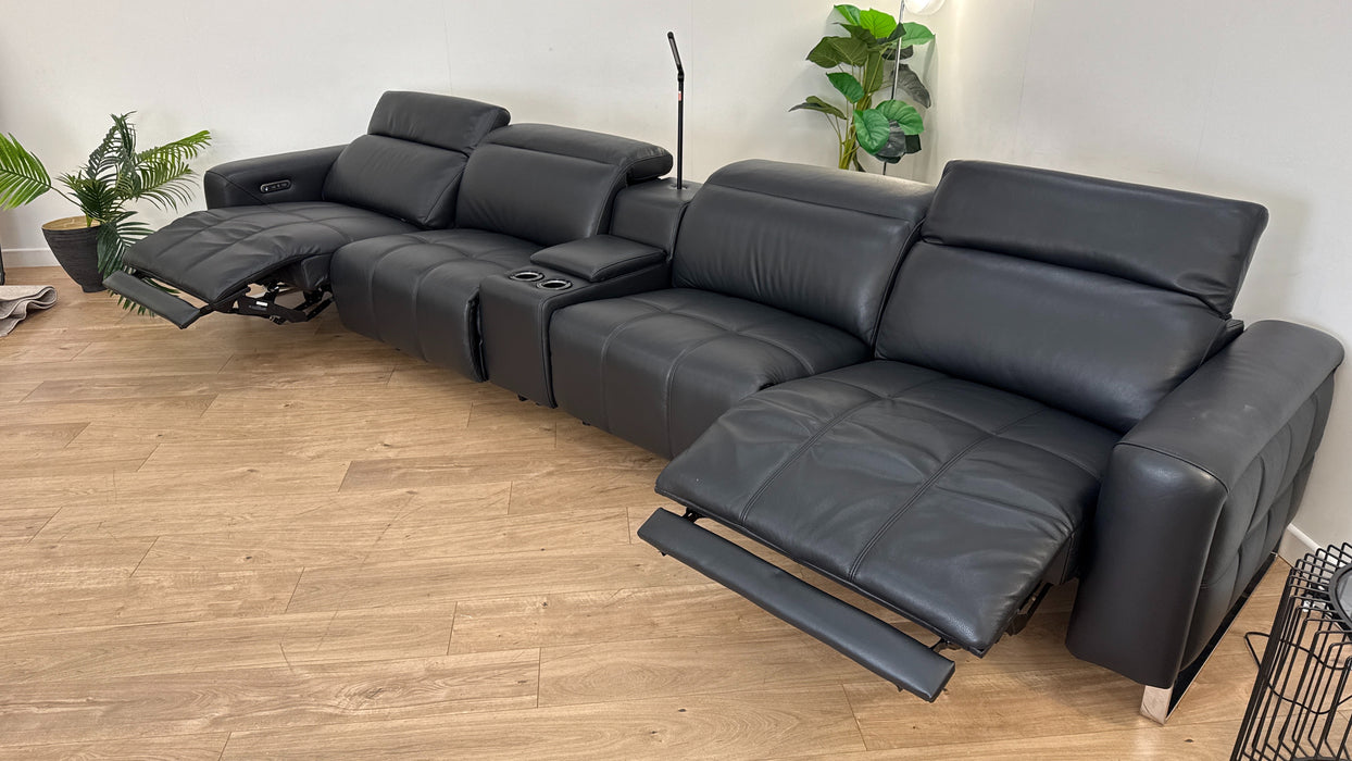 Sofology The Marvella 4 Seat Console Leather Recliner in Trusty Sheen Jet Black