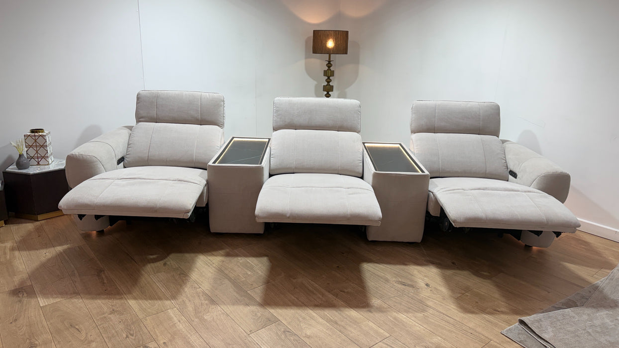 Sofology Lumiere Fabric 3 Seater Cinema Console Power Recliner/Headrest Gold Trim in Relaxed Chenille Cotton