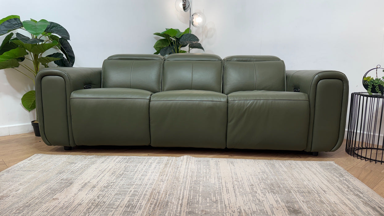 Sofology Premiere Leather 3 Seater Power Recliner/Headrest in Trusty Embossed Dark Olive