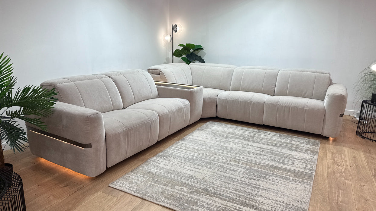 Sofology Lumiere Fabric 3 Console Corner 3 Power Recliner/Headrest Gunmetal Trim in Relaxed Chenille Cotton