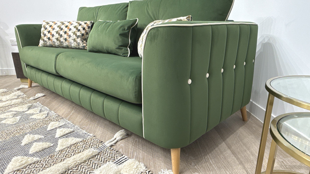 Sofology Remy Fabric 4 Seater in Super Matt Velvet Moss Mix With Cream Contrast Piping