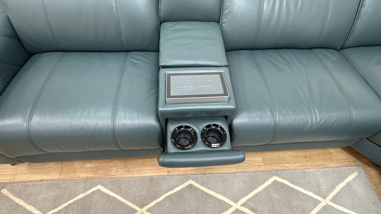 Sofology Allure Leather 3 Screen Console Corner Screen Console 3 Power Recliner/Headrest Heated Seats Lumbar Support Speakers in Trusty Embossed Peacock