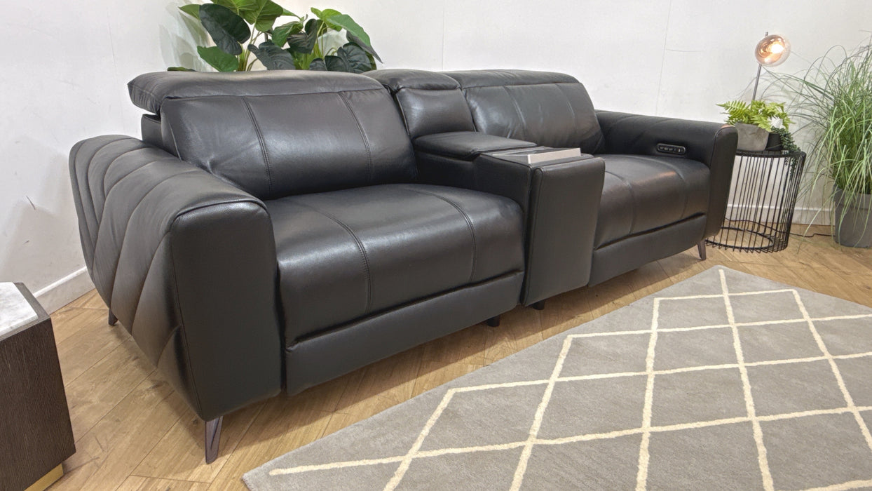 Sofology Allure Leather 2.5 Seater Screen Console Power Recliner/Headrest Heated Seats Lumbar Speakers in Trusty Embossed Jet Black