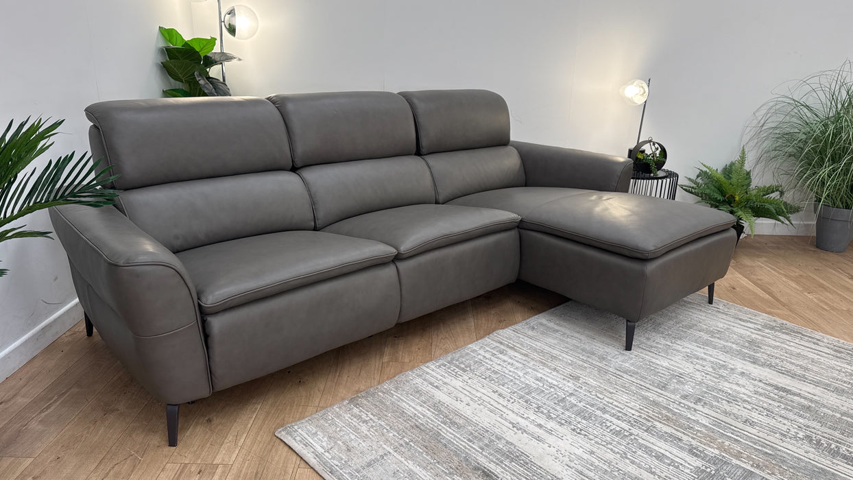 Sofology The Viento Leather 3 Seater Chaise Power Recliner/Headrest in Trusty Embossed Grey