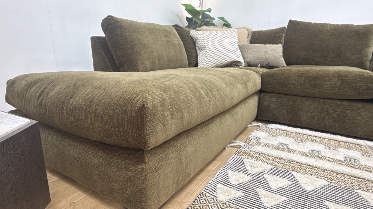 Sofology Moderna Fabric Chaise 1.5 Corner 3 Feather Flex Seats in Soft Slub Chenille Olive Mix