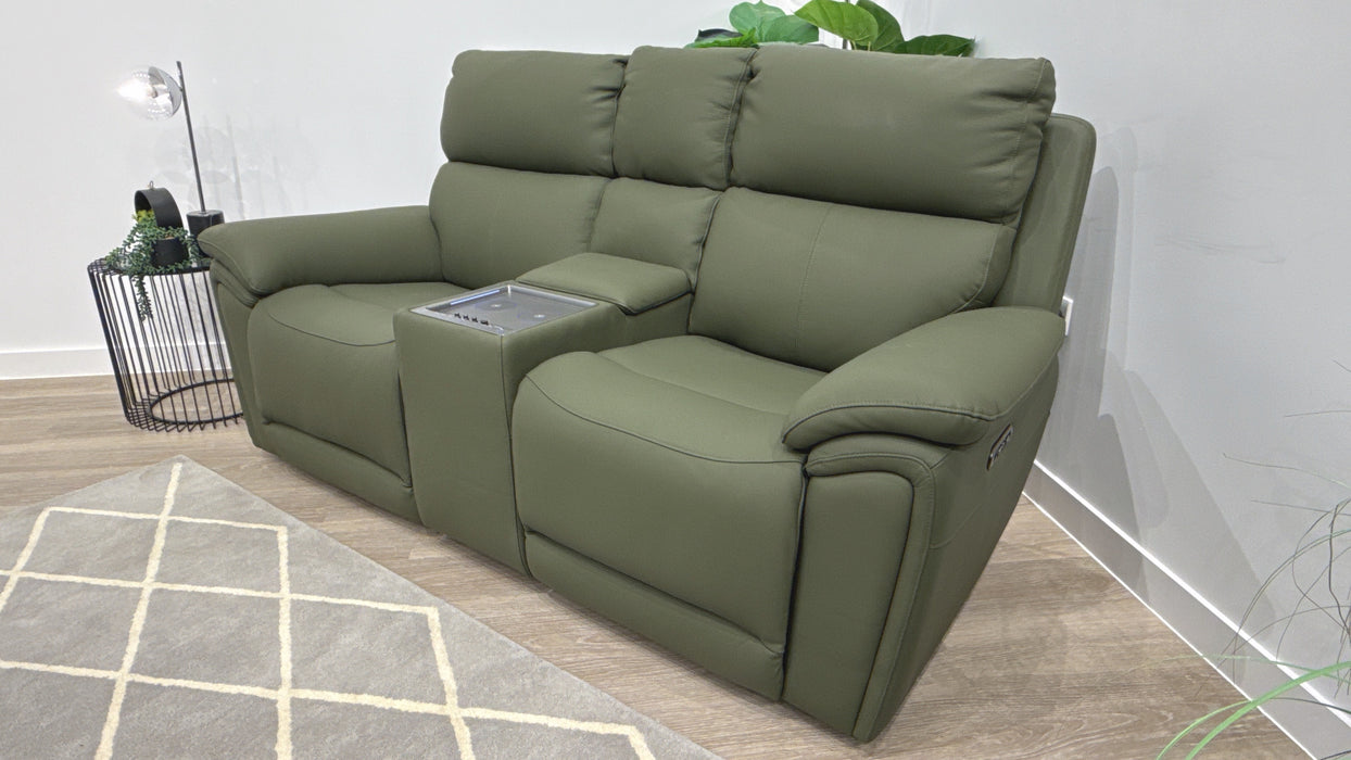 Sofology Atlanta Leather 2 Seater Console Power Recliner/Headrest in Trusty Soft Matt Dark Olive