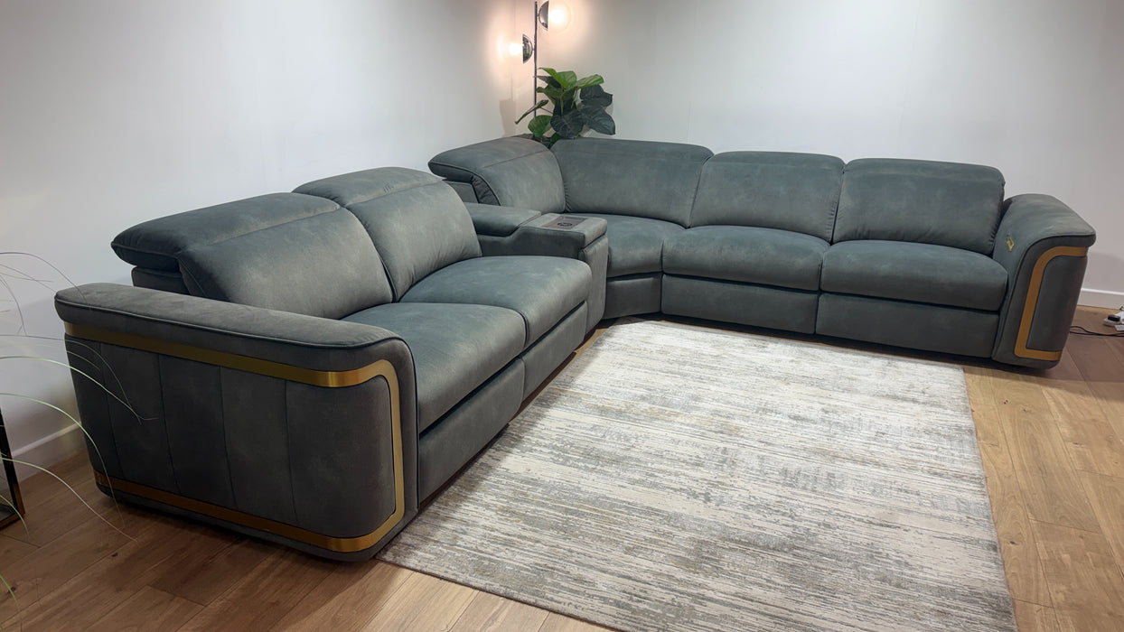 Sofology Plaza Fabric 3 Corner Smart Console 3 Power Recliner/Headrest Heated Seat in Lifestyle Flecked Mineral Green