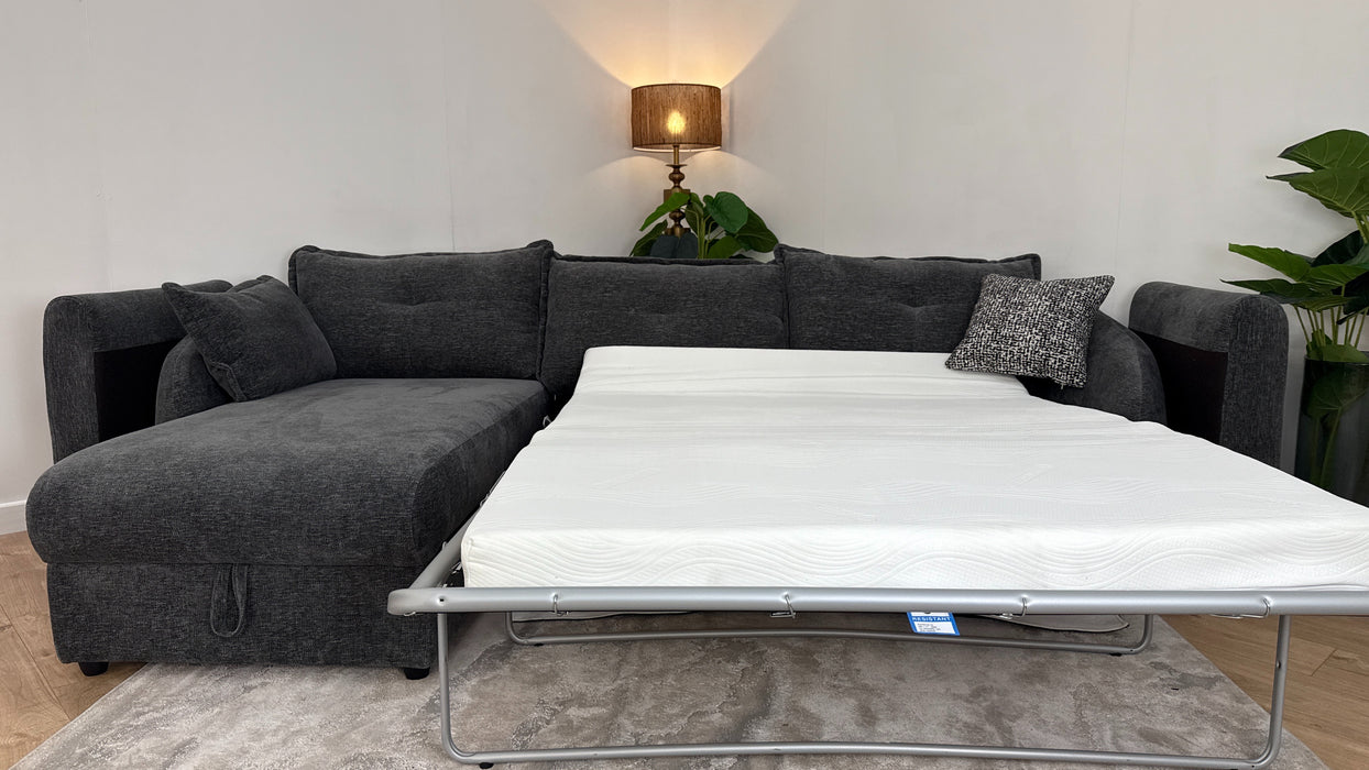 Sofology The Portobello Fabric Chaise 3 Seater Sofa Bed with Storage & Foam Seats in Linen Look Chenille Charcoal