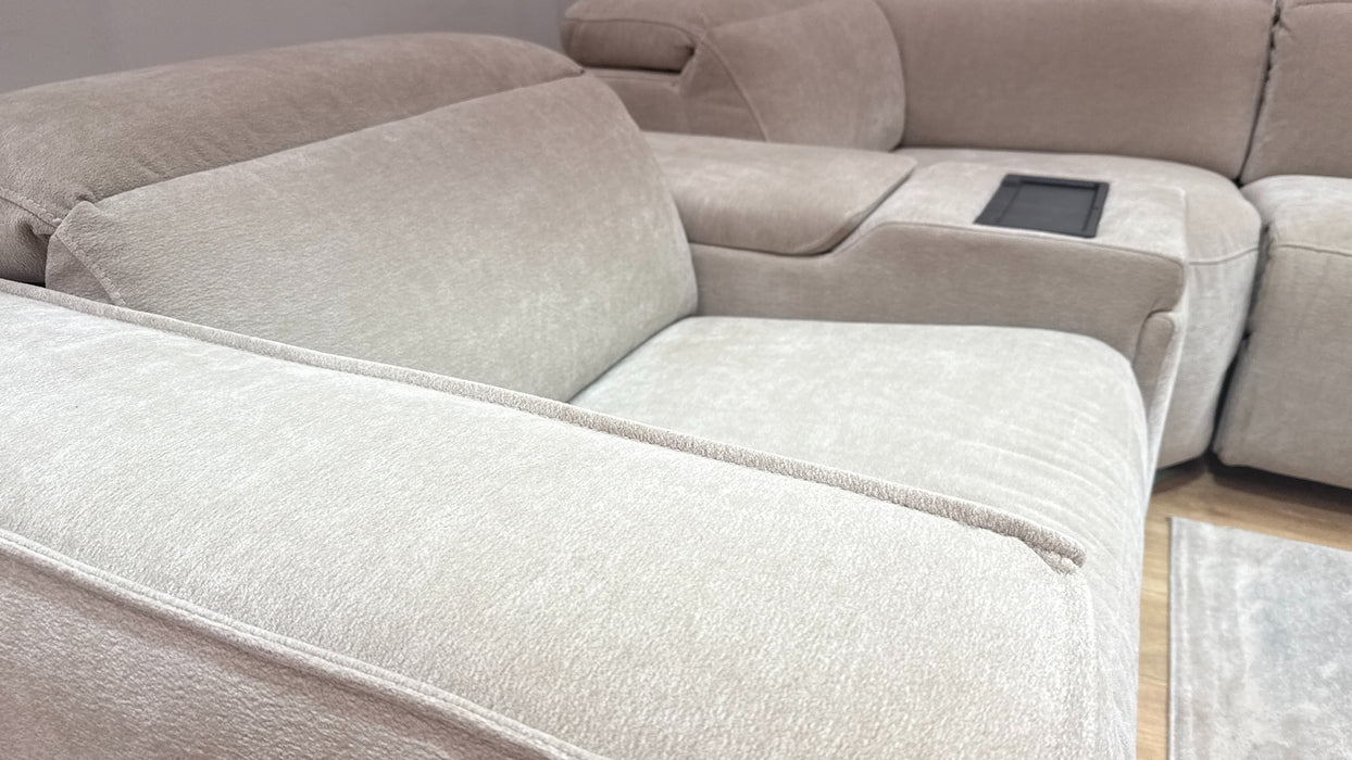 Sofology Horizon Fabric 1.5 Smart Console Corner 3 Power Recliner/Headrest Heated Seats in Textured Chenille Stone