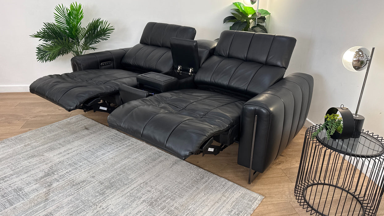Sofology The Paramount Leather 2.5 Seater Console Power Recliner/Headrest Speakers in Trusty Embossed Jet Black