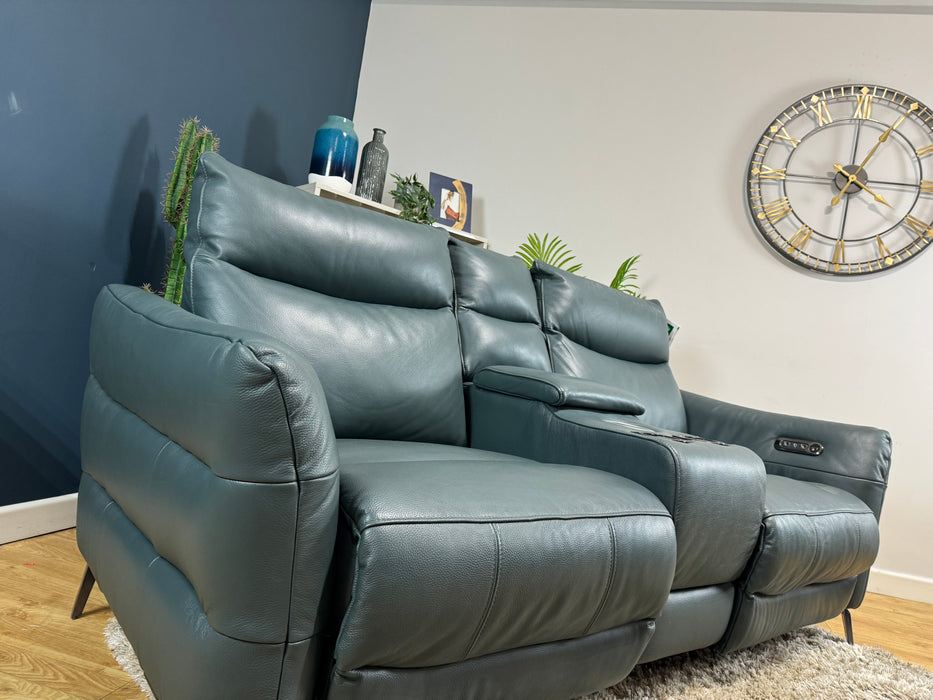 Renato 2 Seater Peacock Leather Power Recliner Console & Speakers (WA2)