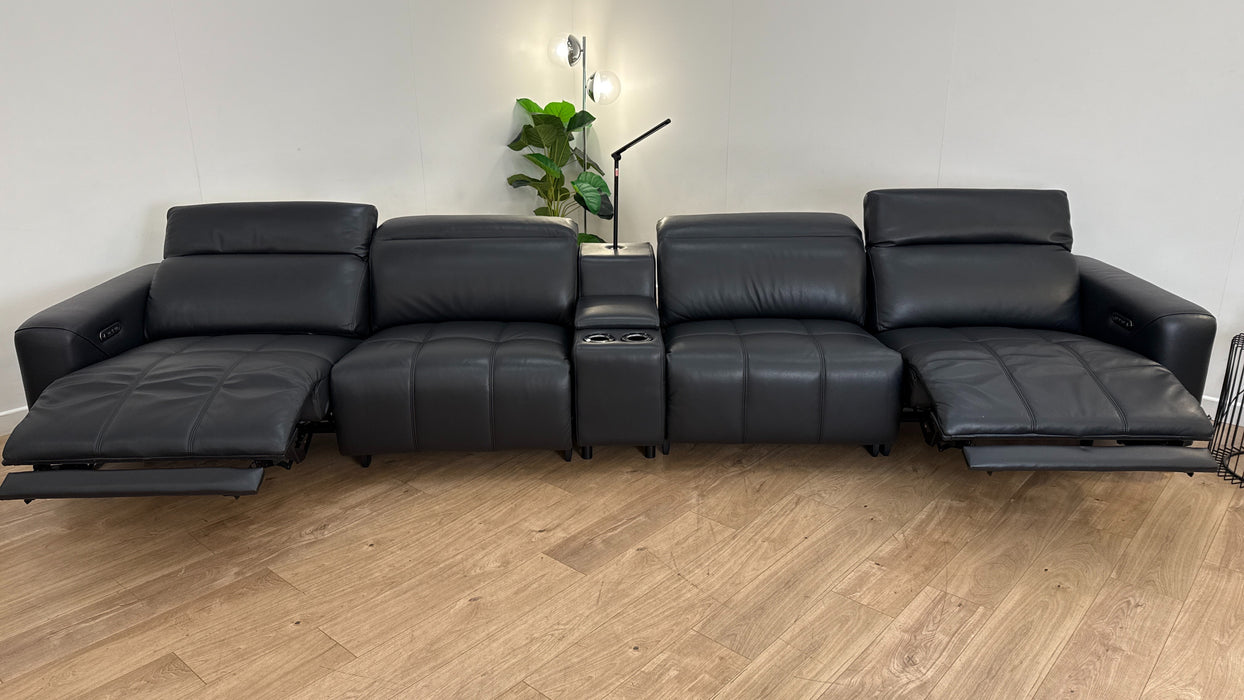 Sofology The Marvella 4 Seat Console Leather Recliner in Trusty Sheen Jet Black