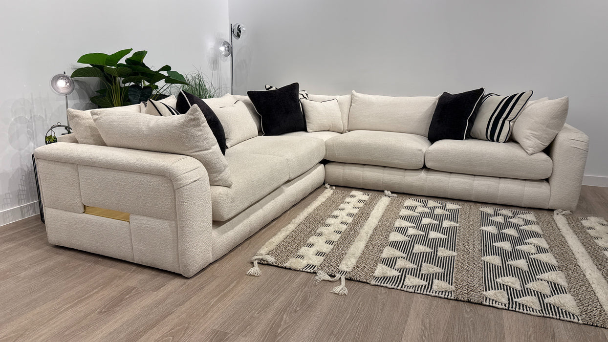 Sofology Westwood Fabric 3 Corner 3 Gold Trim in Soft Boucle Ecru Mix