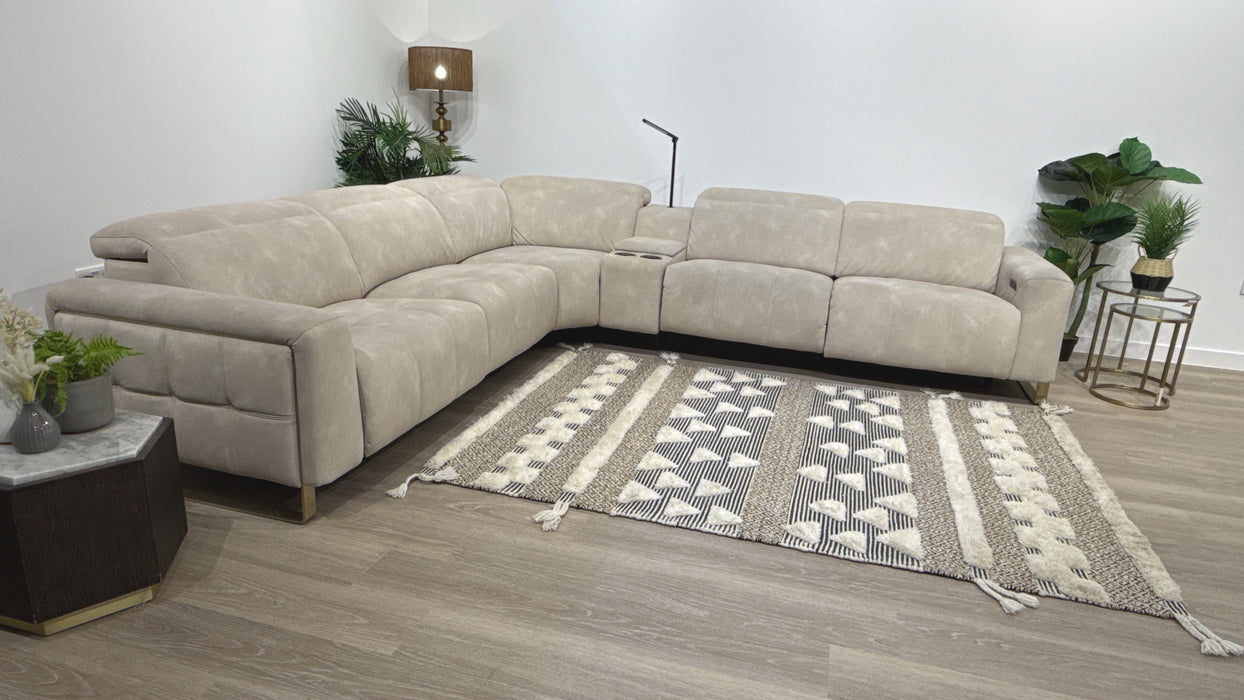 Sofology Marvella Fabric 3 Corner Console 3 Power Recliner/Headrest in Lifestyle Flecked Ivory