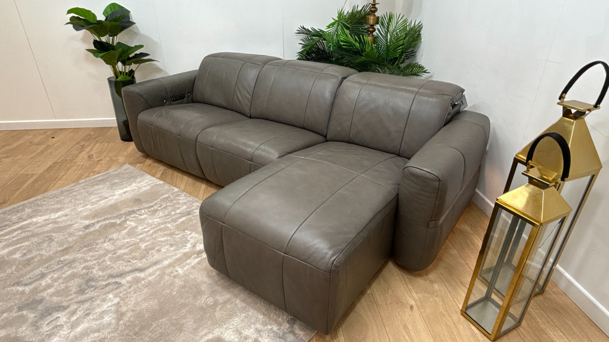Sofology Lumiere Leather 4 Seater Chaise Power Recliner/Headrest Heated Seats Gunmetal Trim in Trusty Embossed Grey