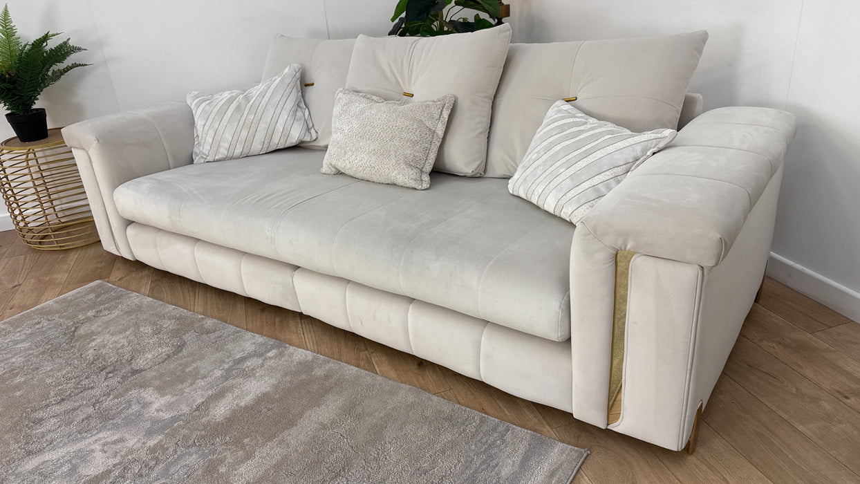 Sofology The Oscar Fabric 4 Seater Split Gold Trim in Super Matt Velvet Ecru Mix