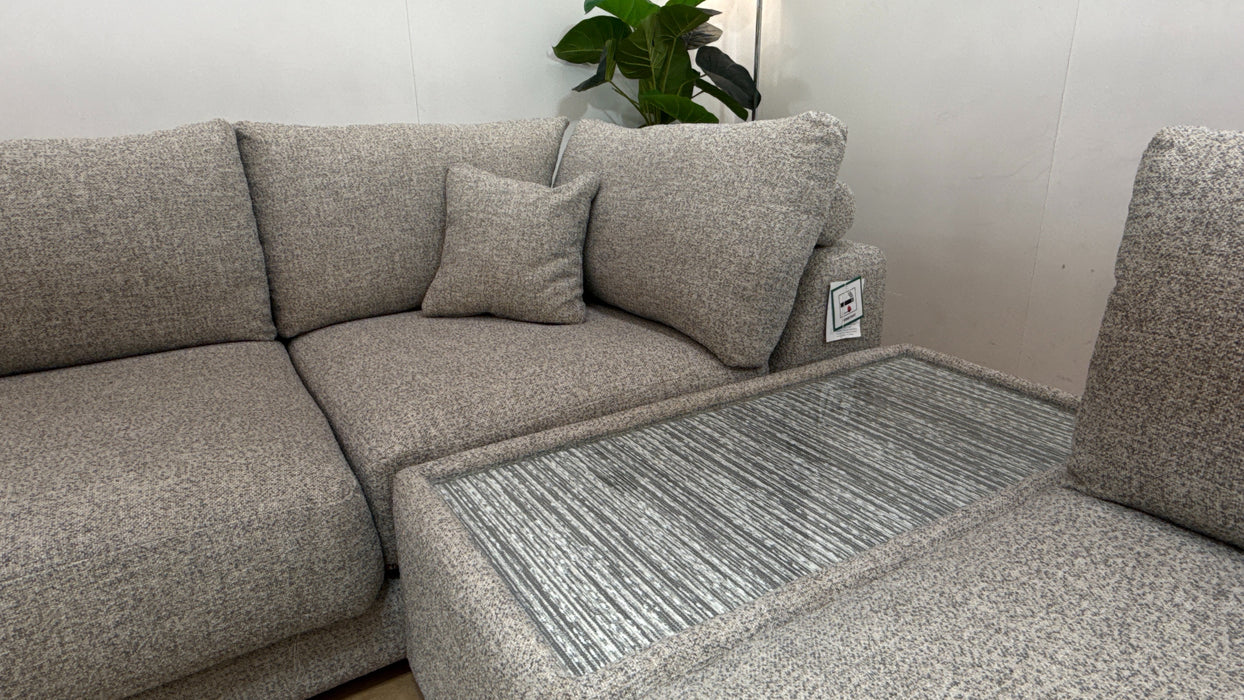 Sofology Amalfi Fabric Chaise 1 Corner Console 3 in Micro Flecked Boucle + Glass Table Pebble Mix