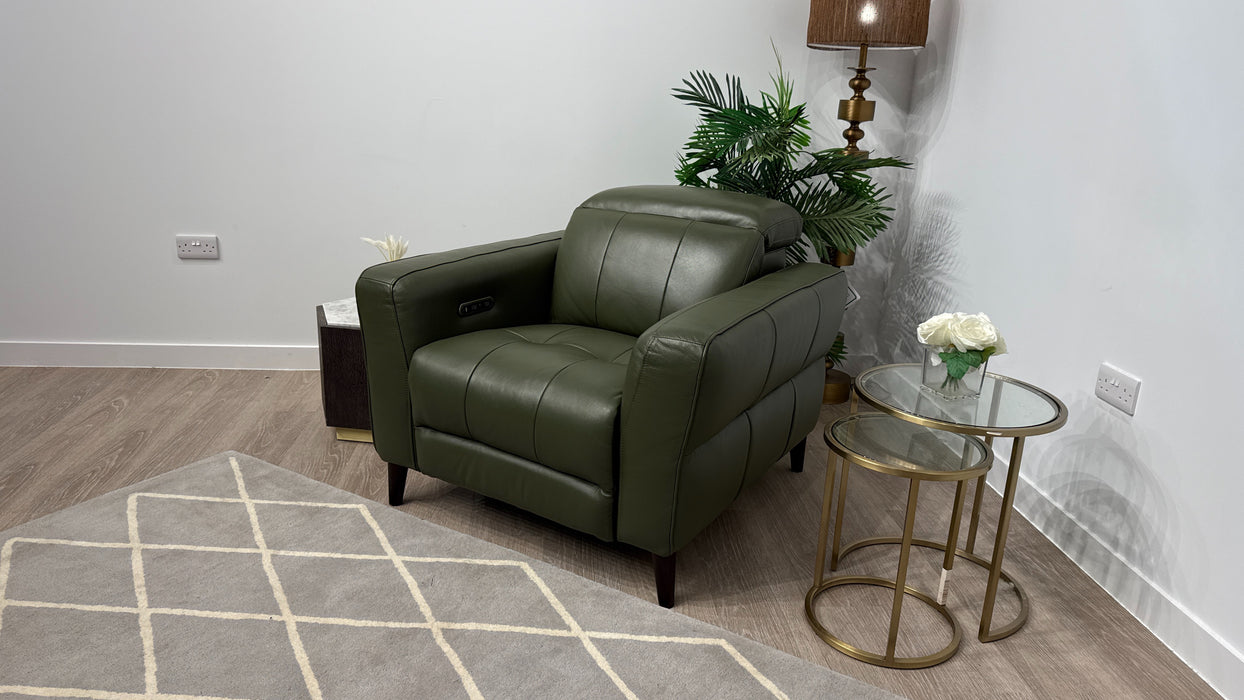 Sofology Jax Leather Chair Power Recliner/Headrest in Trusty Embossed Dark Olive