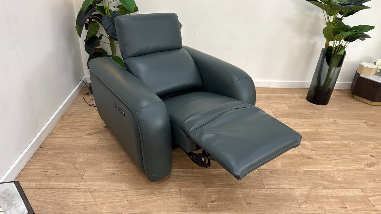 Sofology Drift Leather Chair Power Recliner/Headrest in Trusty Embossed Peacock
