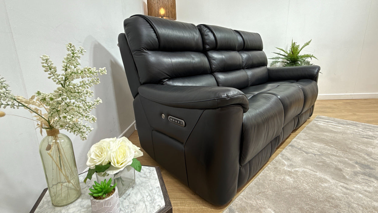 Sofology Cleveland Leather 3 Seater Power Recliner/Headrest Heated Seats Lumbar Support in Trusty Embossed Jet Black