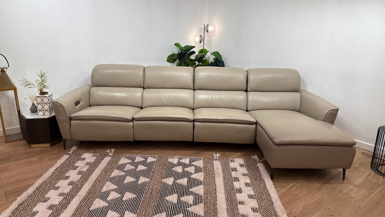 Sofology Viento Leather 4 Seater Chaise Console Power Recliner/Headrest Heated Seat Lumbar in Trusty Embossed Stone